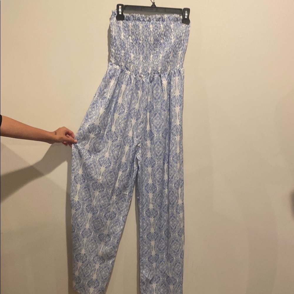 SHEIN Light Blue and White Patterned Jumpsuit